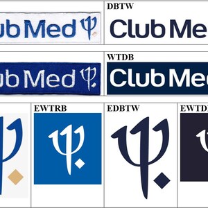 May include: A collection of rectangular patches and square emblems featuring the Club Med logo and trident symbol in various colour combinations including white, blue, and dark blue, with some designs displaying the text Club Med clearly.