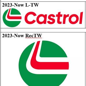 Op de afbeelding: Drie variaties van het Castrol-logo. Bovenaan een geborduurde patch met een groen en rood cirkelvormig icoon en de tekst Castrol. In het midden het L-TW-logo met een groene cirkel en rode L-vorm. Onderaan het RecTW-logo met hetzelfde icoon boven de tekst Castrol.