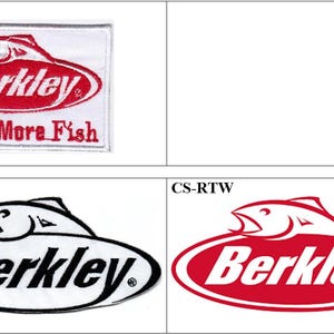 Puede incluir: Tres parches bordados rectangulares con el logotipo de la marca Berkley. Un parche es blanco con texto rojo y un gráfico de pez, uno es blanco con un logotipo negro y uno es rojo con un logotipo blanco. Todos incluyen el texto Berkley y Catch More Fish.