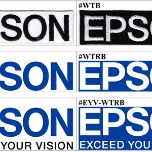 以下が含まれることがあります： Epsonのロゴが入った6枚の長方形の刺繍ワッペン。2枚は白地に黒、または黒地に白でEPSONの文字が刺繍されています。2枚は白地に青、または青地に白の文字です。残りの2枚には、青または白でEXCEED YOUR VISIONという文字が含まれています。