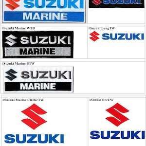 以下が含まれることがあります： スズキのロゴとSuzuki Marineの文字が入った長方形の刺繍ワッペンコレクション。白、黒、青、赤、銀などの様々な色の組み合わせがあり、スズキのSエンブレムと文字がデザインされています。