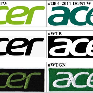 May include: A collection of six rectangular patches featuring the Acer logo in various colour combinations. The designs include lime green on white, dark green on white, black on white, white on black, olive green on black, and white on dark green.