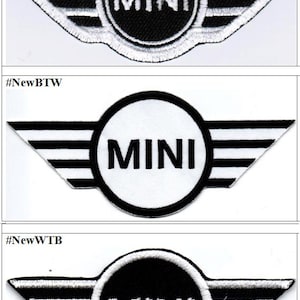 Puede incluir: Tres parches bordados con el logotipo de MINI. El parche superior tiene un centro negro con texto blanco y alas plateadas. El parche central tiene un centro blanco con texto negro y alas negras. El parche inferior tiene un centro negro con texto blanco.