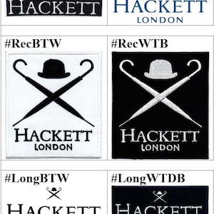 Pode incluir: Uma coleção de seis emblemas retangulares bordados com o logótipo Hackett London. Os designs incluem o texto Hackett London, um chapéu de coco e dois guarda-chuvas cruzados em várias combinações de cores preto e branco com etiquetas.
