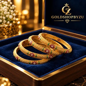22K Solid Gold Bangles Set, Traditional Indian Kada, Ruby Floral Design, Green Enamel Jewelry
