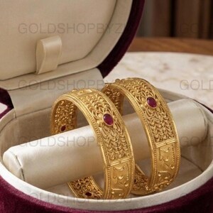 22K Solid Gold Ruby Bangles, 32 Gram Traditional Indian Gold Kada, Red Ruby Stone Bridal Jewelry, Luxury Wedding Gift for Women