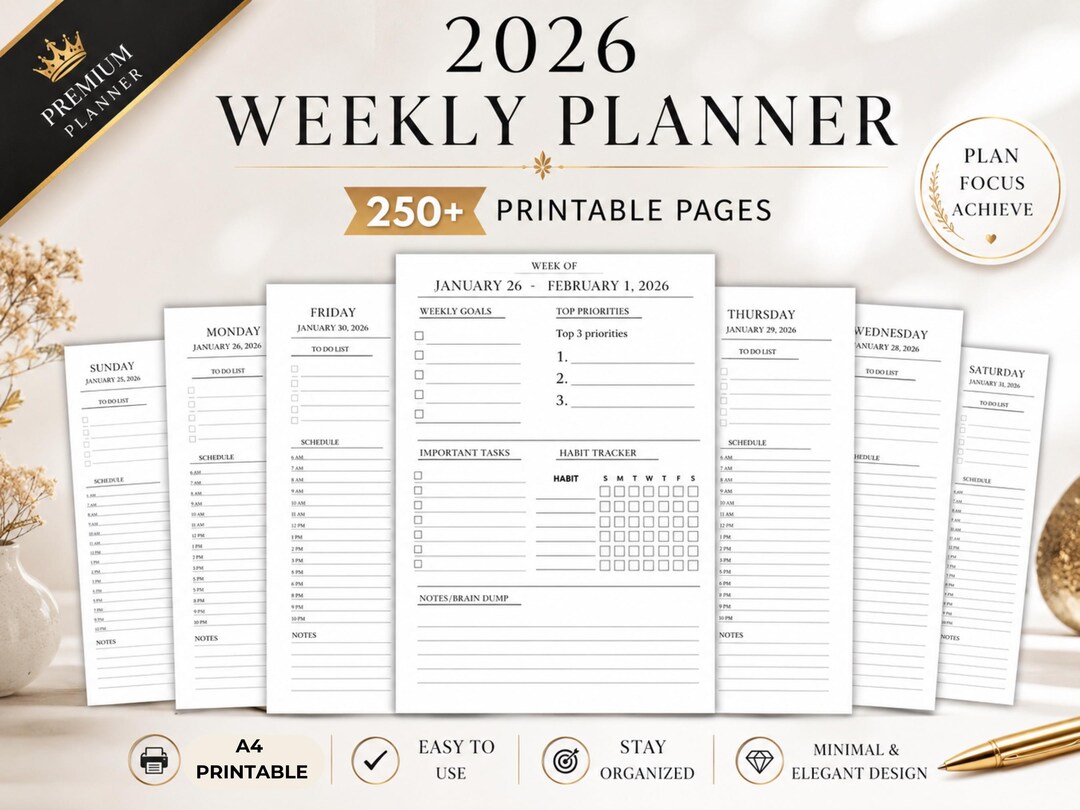 2026 Weekly Planner Printable PDF | Minimal Productivity Planner