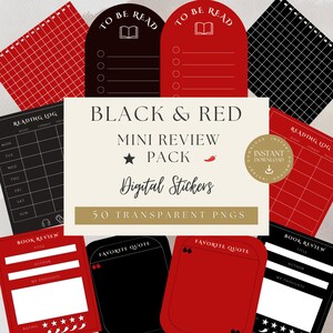 Puede incluir: Un conjunto de pegatinas digitales en negro y rojo para reseñas de libros y registros de lectura. Las pegatinas incluyen diseños con el texto "To Be Read", "Favorite Quote" y "Reading Log". El paquete contiene 50 PNG transparentes.