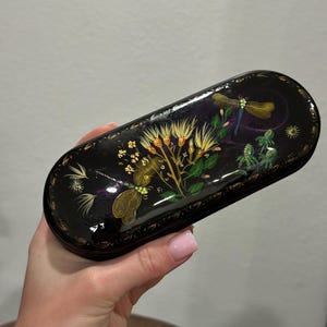 May include: Black, oval-shaped eyeglasses case with a hand-painted floral and insect design. The case features a glossy finish and gold trim. The artwork includes yellow flowers, green leaves, and dragonflies. The case is held in a hand.