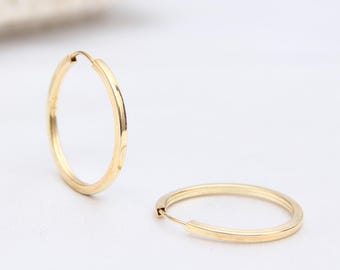 14K Yellow Gold Flat Hoop Earrings, Modern Square Edge Hoops, Minimalist Geometric Earrings, Thin Gold Hoops, Trendy Jewelry Gift for Her