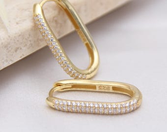 14K Gold Pave Oval Hoop Earrings, Dainty Diamond Elongated Hoops, Minimalist Gold Huggie Earrings, Everyday Luxury Jewelry Gift for Her