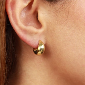 May include: A close-up of a gold-colored, teardrop-shaped earring. The earring is a small, polished hoop design, reflecting light. The earring is worn on a person's ear.