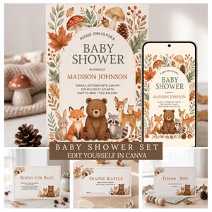 Pode incluir: Um conjunto de convites para chá de bebê com animais da floresta, incluindo urso, raposa, coelho, guaxinim e cervo. O design inclui folhas de outono, cogumelos e pinhas. O texto inclui BABY SHOWER, MADISON JOHNSON, BOOKS FOR BABY, DIAPER RAFFLE.