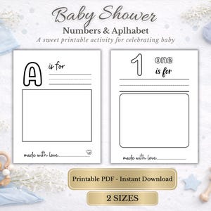 May include: Baby shower printable activity featuring the alphabet and numbers. The design includes two white pages with the letters "A" and the number "1", with space for drawings. The text "Baby Shower Numbers & Aplhabet" is at the top.