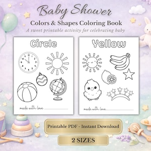 Puede incluir: Un libro para colorear para baby shower titulado "Colors & Shapes Coloring Book". El libro presenta ilustraciones en blanco y negro de formas y objetos, como un reloj, un sol y un globo. Se muestran las palabras "Circle" y "Yellow".