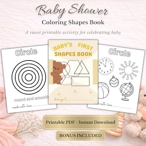 Puede incluir: Un libro para colorear para baby shower con el texto "Baby Shower Coloring Shapes Book". El libro incluye páginas imprimibles con formas, un reloj, un sol, un globo terráqueo y un oso de peluche. También se ve el texto "Printable PDF - Instant Download".