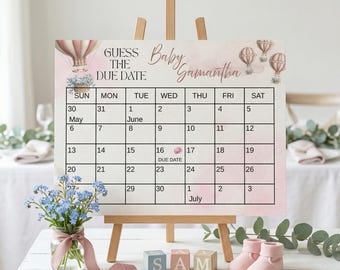 Up Up and Away Baby Shower Due Date Calendar Template, Guess The Due Date Game, Canva, Sign, Pink Hot Air Balloon, Digital Download, Canva