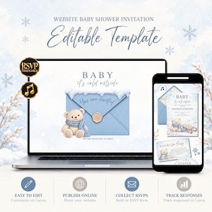 May include: A digital baby shower invitation template displayed on a laptop and smartphone screen. The design features a light blue envelope with snow, a teddy bear wearing a blue scarf, and the text "BABY it's cold outside" and "You are invited".