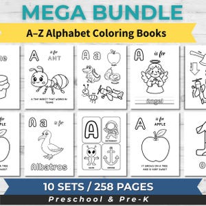 Könnte beinhalten: Eine Sammlung von A-Z Alphabet-Malbüchern für Kinder im Vorschul- und Vorschulalter. Jede Seite zeigt einen Buchstaben mit einem zugehörigen Bild, wie eine Ameise, ein Apfel oder ein Engel. Das Set enthält 10 Sets mit 258 Seiten.