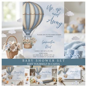Könnte beinhalten: Ein Babyparty-Einladungsset mit einem Aquarell-Heißluftballon-Design in Blau und Beige. Die Einladung enthält den Text „Up, up and Away“ und Veranstaltungsdetails. Zusätzliche Elemente sind ein Blumenkorb und Babyschuhe.