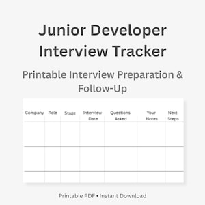 Op de afbeelding: Een afdrukbare interviewtracker voor junior developers. Het document bevat velden voor bedrijf, rol, interviewdatum, gestelde vragen, notities en volgende stappen. De tekst bovenaan luidt "Junior Developer Interview Tracker".