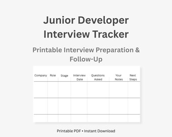 Interviewtracker voor junior ontwikkelaar | Interviewvoorbereiding en follow-up | Afdrukbare pdf