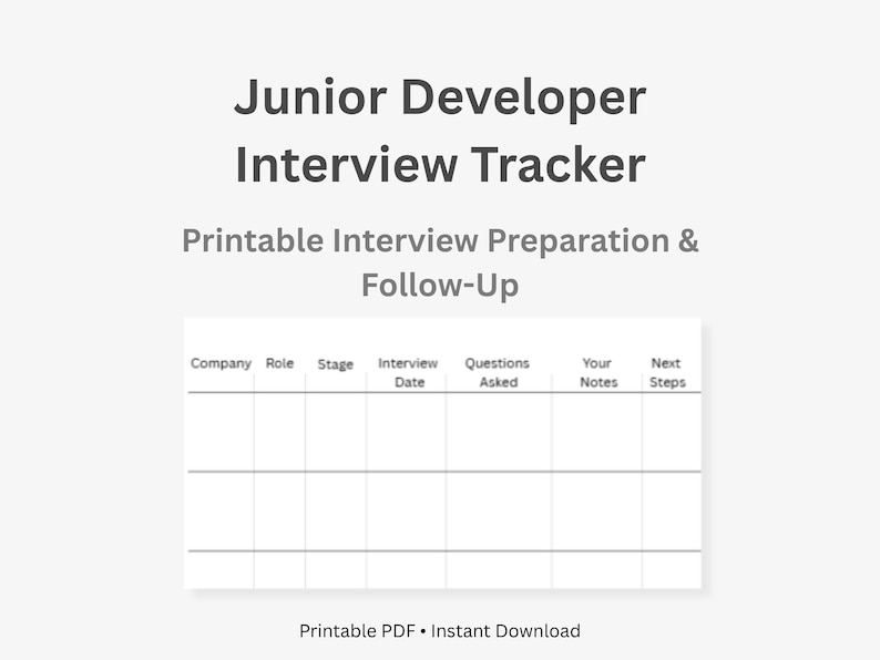Puede incluir: Un rastreador de entrevistas imprimible para desarrolladores junior. El documento incluye campos para la empresa, el puesto, la fecha de la entrevista, las preguntas realizadas, las notas y los pr&oacute;ximos pasos. El texto en la parte superior dice "Junior Developer Interview Tracker".