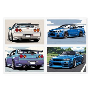 May include: Four-panel print featuring stylized illustrations of a sports car. The cars are depicted in white, blue, and teal, with black accents and spoilers. The backgrounds are light, with hints of sky and road.