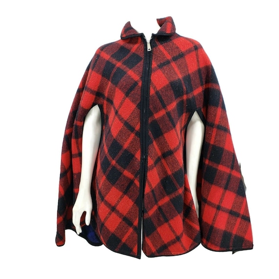 Vintage Reversible Poncho Cape Red Blue Plaid Blan