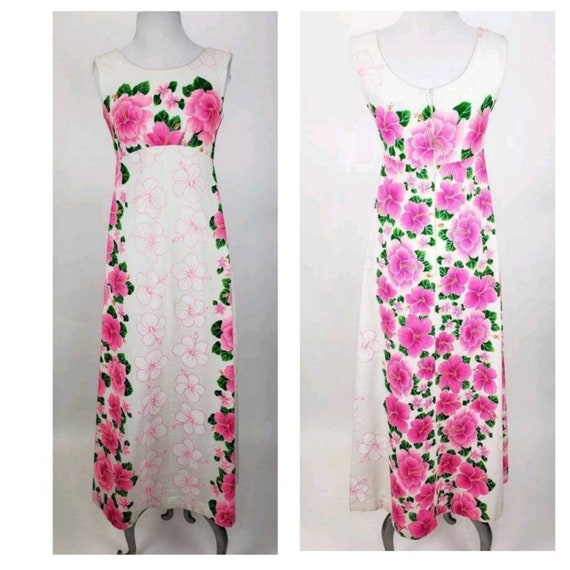 Vintage Pomare Hawaiian Barkcloth Maxi Dress Pink