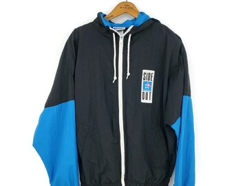 Vintage Side Out Windbreaker Jacket Mens Small Black Blue Zip Front Hooded