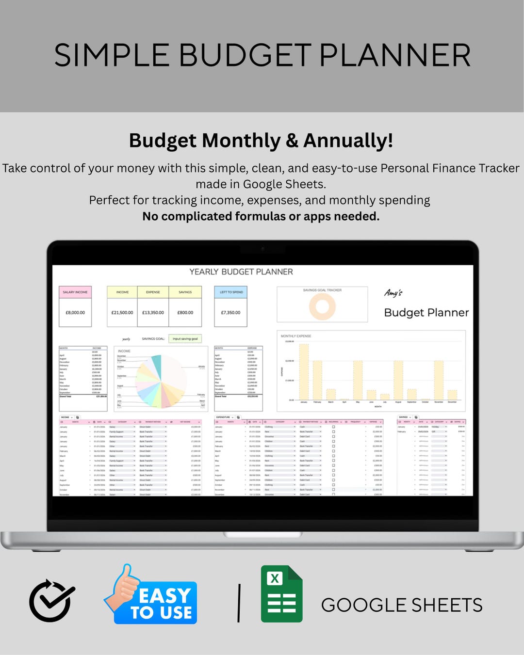 Google Sheets Budget Planner | Monthly Annual Finance Tracker (digital ...