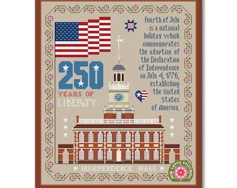 Independence Hall Anniversary 250 Years Patriotic Cross Stitch Pattern: Happy Birthday America