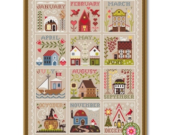 House Calendar Cross Stitch Pattern: Seasons 12 Months Sampler