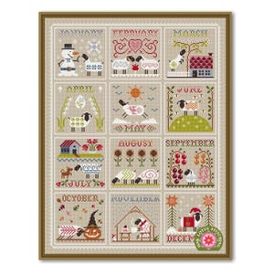 Korsstygnsmönster med fårkalender: Årstider 12 månader Sampler