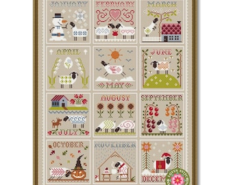 Sheep Calendar Cross Stitch Pattern: Seasons 12 Months Sampler