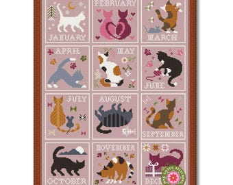 Cat Calendar Cross Stitch Pattern: Seasons 12 Months Cats Sampler