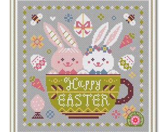 Happy Easter Cross Stitch Pattern: Easter Bunnies and Eggs Spring Sampler