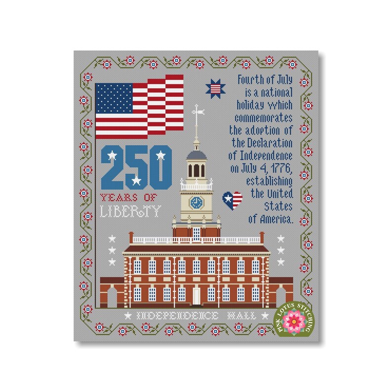 Independence Hall Anniversary 250 Years Patriotic Cross Stitch Pattern: Happy Birthday America image 4