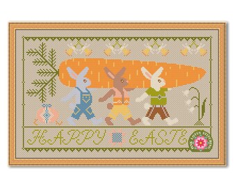 Happy Easter Cross Stitch Pattern: Carrots And Rabbits Spring Sampler