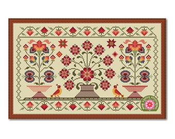 Three Flowers Cross Stitch Pattern: Summer Flowers Sampler Antique Style