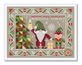 Merry Christmas Santa Cross Stitch Pattern: Christmas Tree Gnome and Elf Sampler