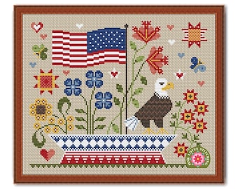 250th Anniversary Patriotic Cross Stitch Pattern: Independence Day 4th of July Sampler