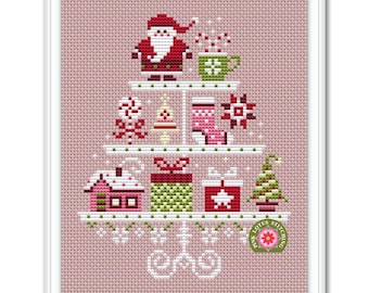 Merry Christmas Cake Stand Cross Stitch Pattern: Santa And Gifts Sampler
