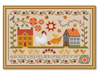 Farm House Cross Stitch Pattern: Country House And Chickens Sampler