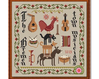The Bremen Town Musicians Cross Stitch Sampler: Folklore Pattern