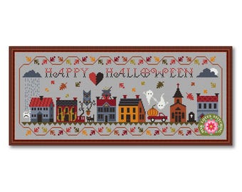 Halloween Street Cross Stitch Pattern: Halloween Houses Boo Sampler