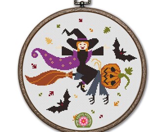 Happy Halloween Cross Stitch Pattern: Witch And Scarecrow Sampler Download PDF