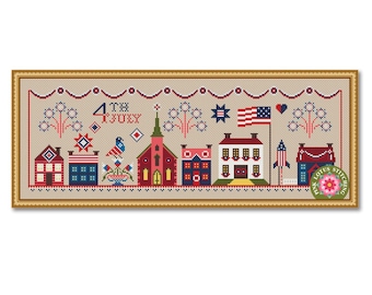 Independence Day Festive Street Cross Stitch Pattern: 4th of July Patriotic Sampler