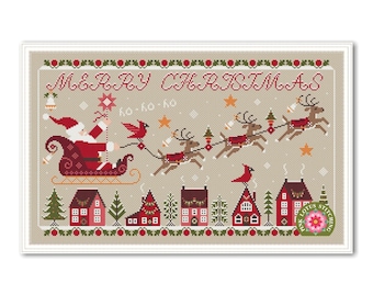 Merry Christmas Flying Santa Cross Stitch Pattern: Santa Over The City Sampler